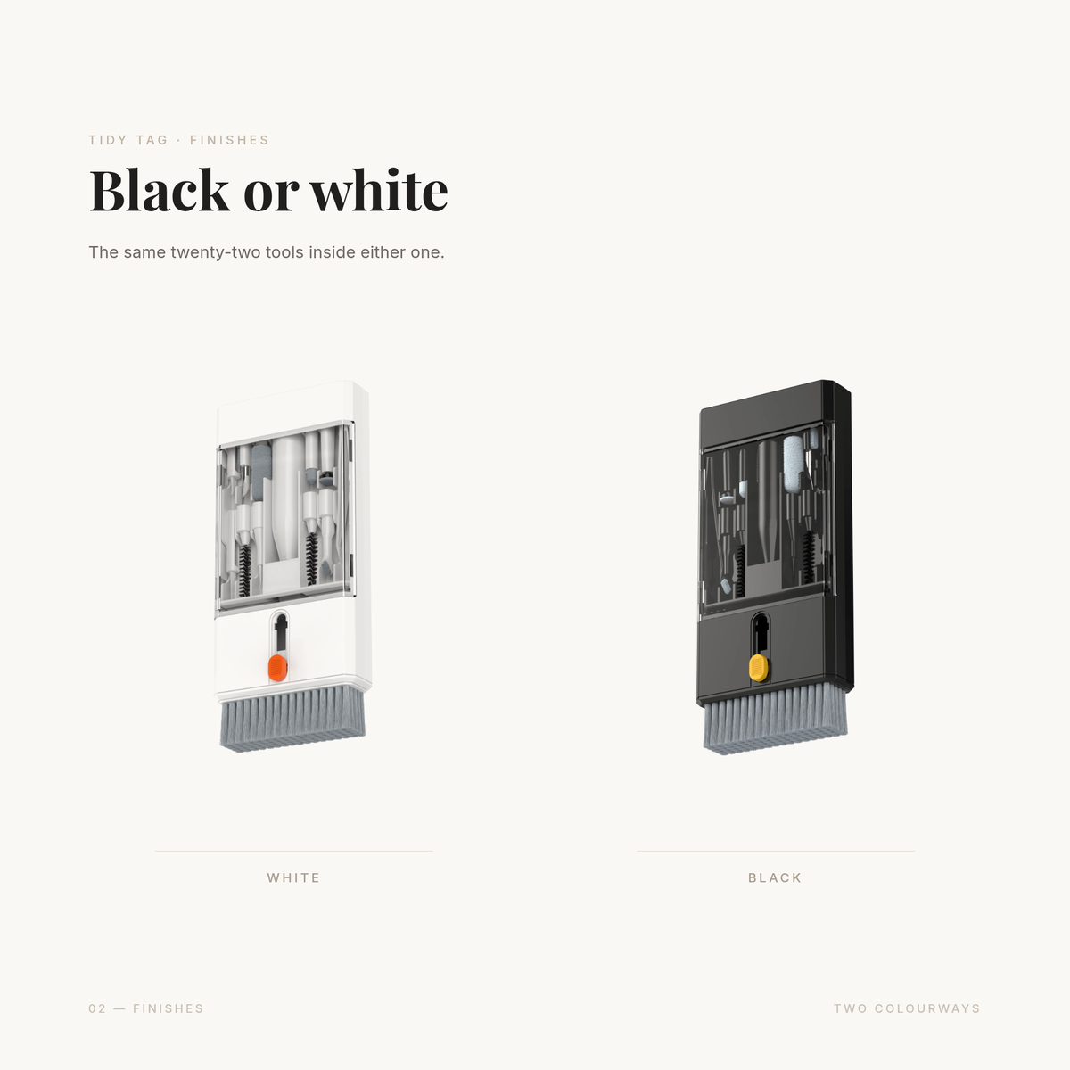 The Full Reset in two colourways — white and black, the same twenty-two tools inside either
