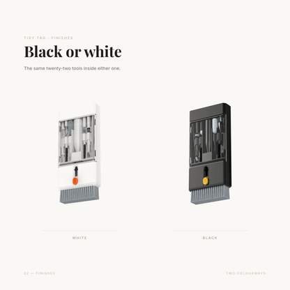 The Full Reset in two colourways — white and black, the same twenty-two tools inside either