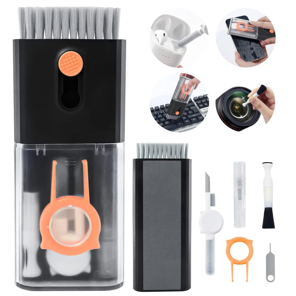The black case with all twenty-two tools laid out beside it, including the keycap puller, lens pen and earbud-case heads