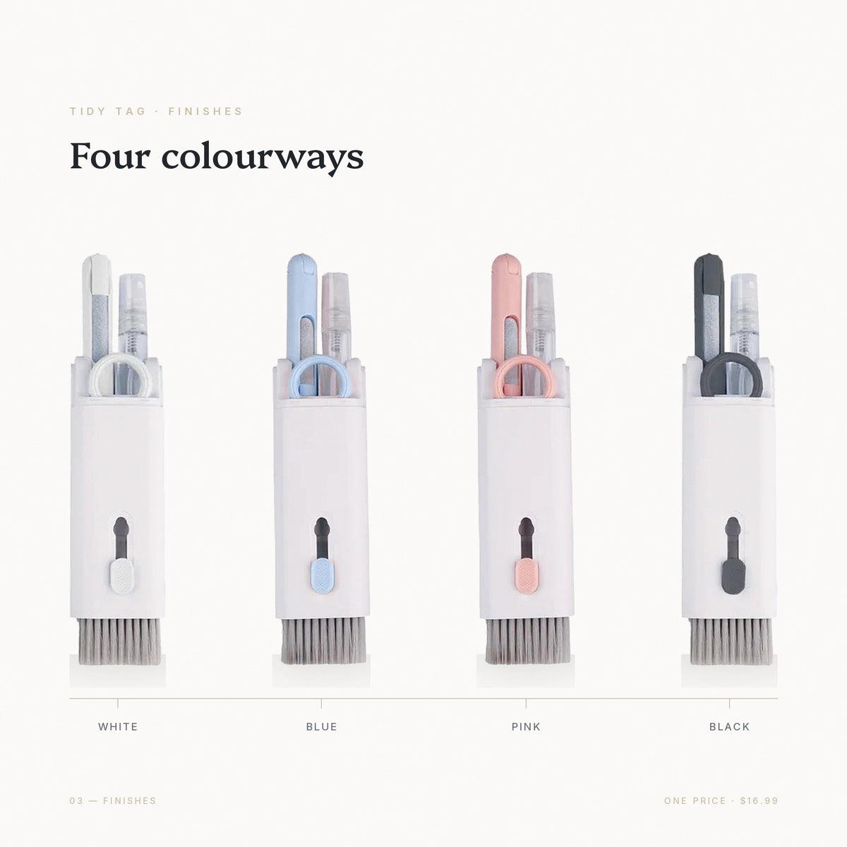 The Reset Kit in four colourways — white, blue, pink and black