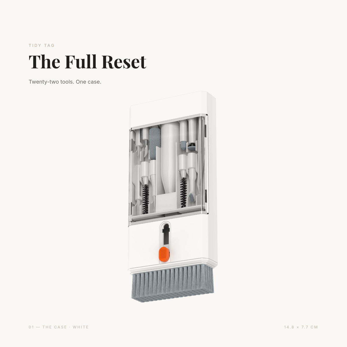 The Full Reset in white — the 22-in-1 cleaning kit case, closed, with the brush head extended