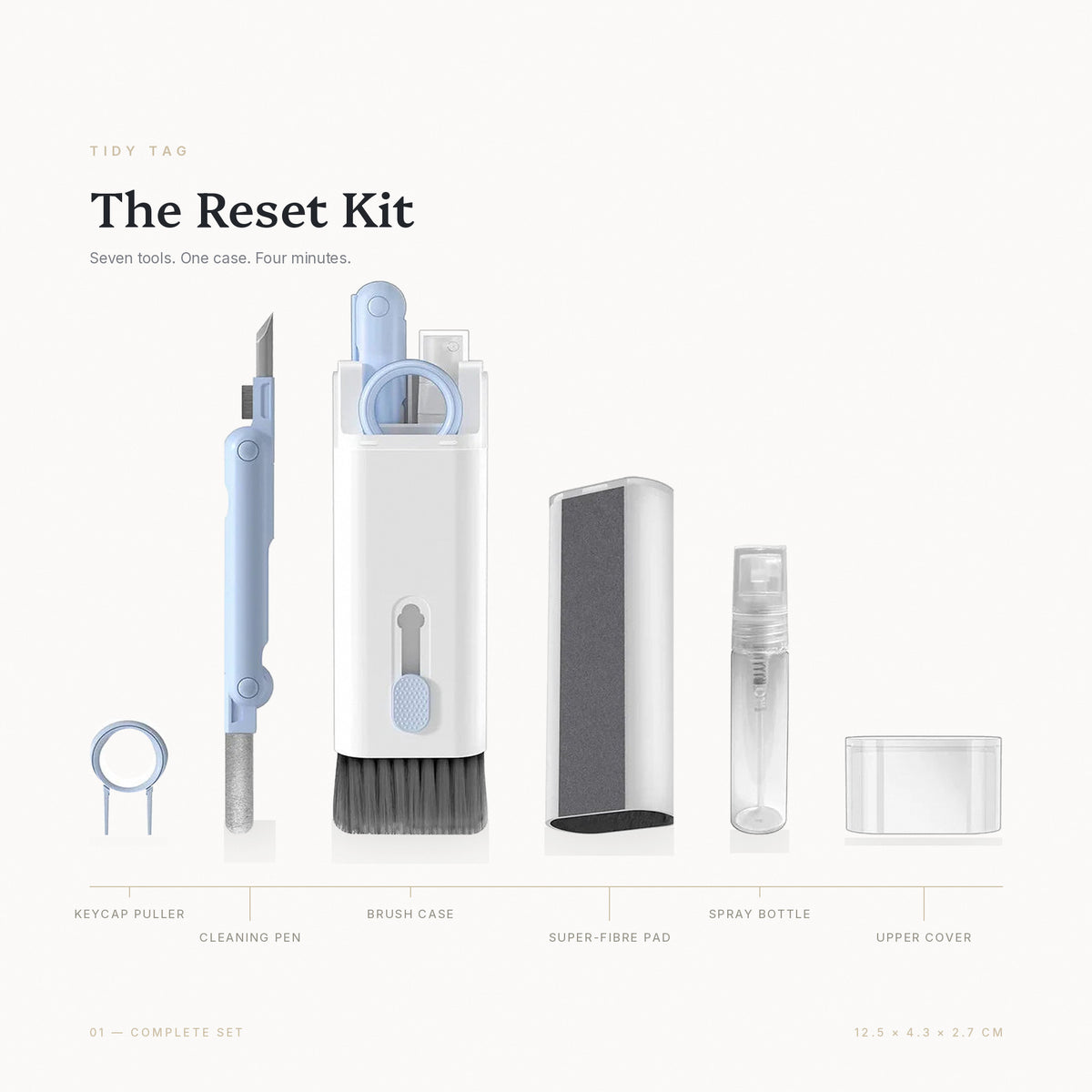 The Reset Kit laid out in full — keycap puller, cleaning pen, brush case, super-fibre pad, spray bottle and upper cover