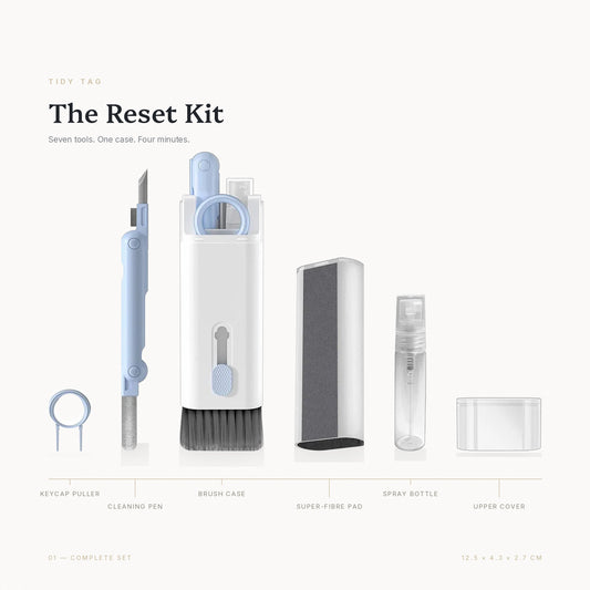 The Reset Kit laid out in full — keycap puller, cleaning pen, brush case, super-fibre pad, spray bottle and upper cover